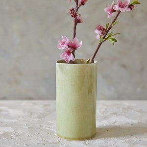 Ceramic Vase Light-Green, Moss Green Tall Pottery Vessel, Stoneware Cylinder, Flower Vase Holder