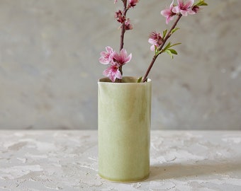 Ceramic Vase Light-Green, Moss Green Tall Pottery Vessel, Stoneware Cylinder, Flower Vase Holder