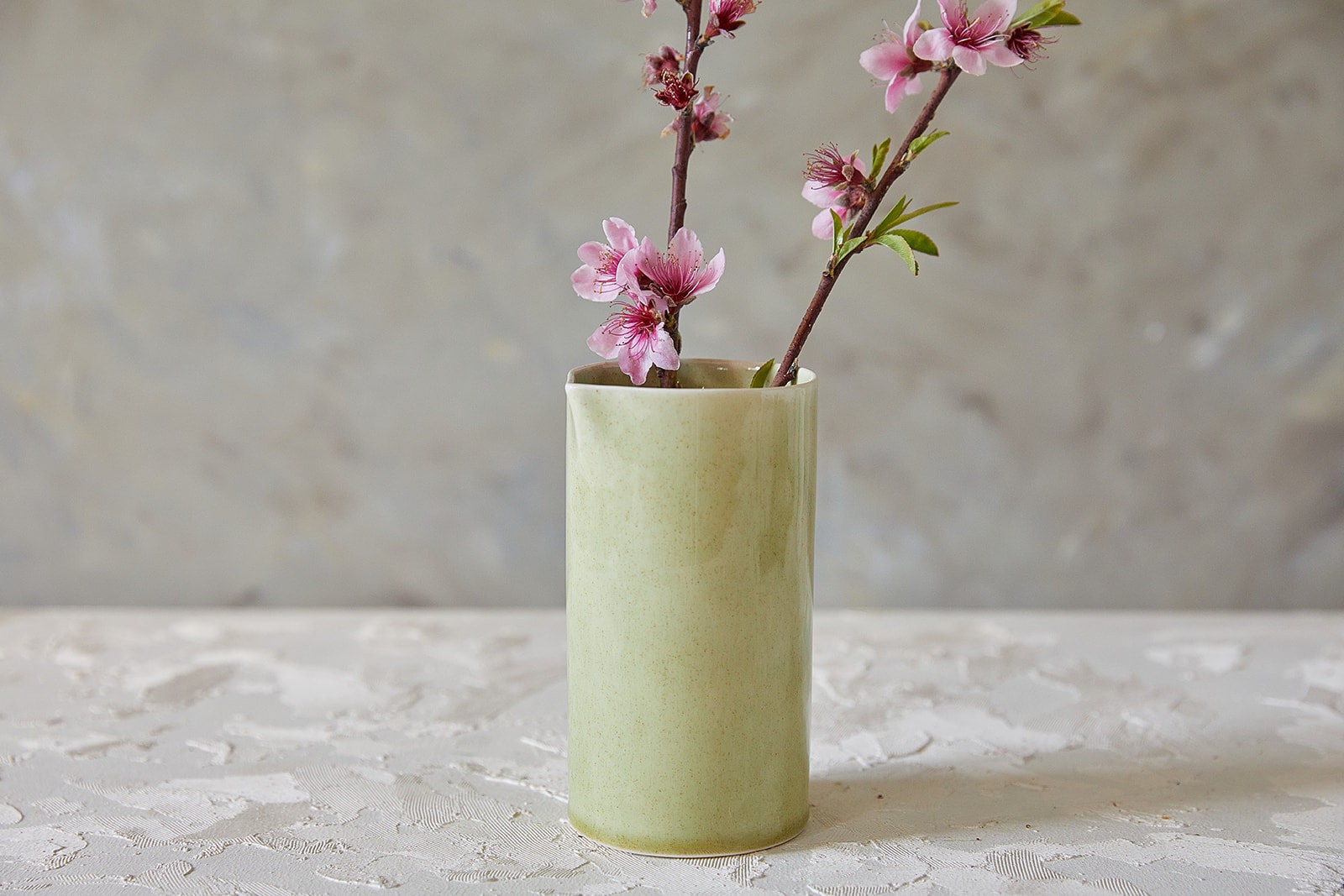 Vase en Céramique Vert Clair, Grand Récipient Poterie, Cylindre Grès, Porte-Vase à Fleurs
