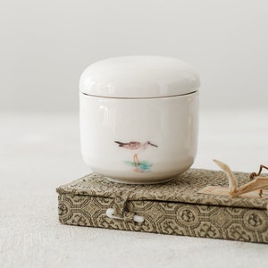 Japanese Design Sugar Bowl, White Ceramic Jewelry Box, Jar with Lid, Hand-Painted Bird, Pottery Jewelry Box, Xmas Gift For Her