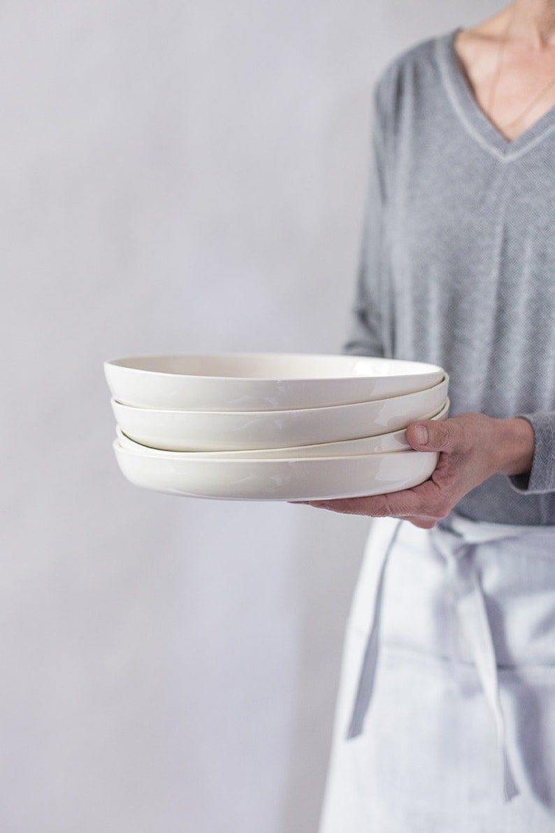 Set of 4 White Handmade Deep Large Dinner Plates, Modern Ceramic Serving Plate, Pottery Dinnerware Handmade Plates, Dinnerware Set image 1