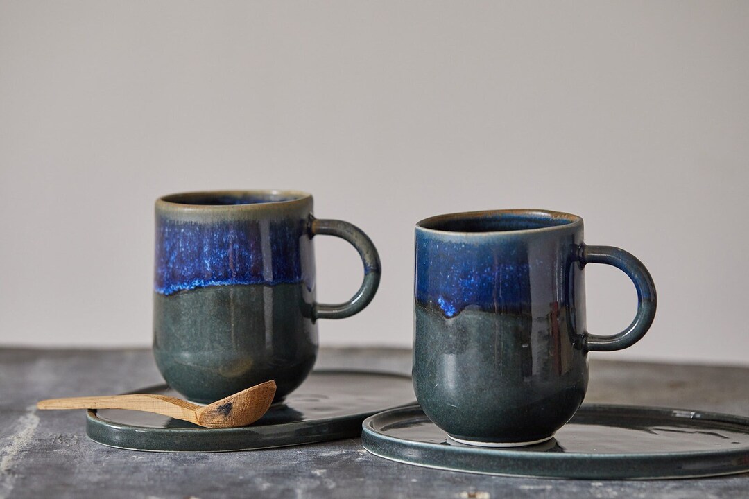 Set of TWO Dark Blue Ceramic Mugs Pottery 10 Oz Mugs Etsy