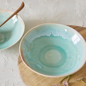 TWO Ceramic Handmade Wide Soup Bowls, 2 Teal Pottery Footed Bowls, Dinnerware Salad Bowls, Rustic Natural Look Pasta Bowls