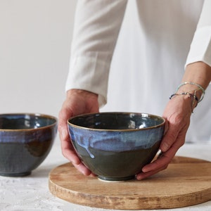 TWO Deep Large Handmade Pottery Soup Bowls, Asian Pho Soup Bowls, Deep Blue - Purple Ceramic Bowls Set, Unique Dinnerware Ramen Soup Bowls