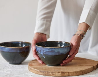 TWO Deep Large Handmade Pottery Soup Bowls, Asian Pho Soup Bowls, Deep Blue - Purple Ceramic Bowls Set, Unique Dinnerware Ramen Soup Bowls