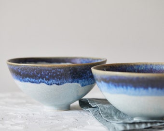 Ocean Blue Ceramic Serving Bowls, Set of TWO Unique Stoneware Bowls, Modern Nesting Ramen Bowl, Greek Dinnerware