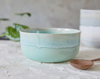 Ceramic Ramen Bowls Set of 2, Light Turquoise Noodles Bowls, Pottery Soup / Salad Serving Bowl, Modern Japanese Nesting Bowl, Home Gift Idea