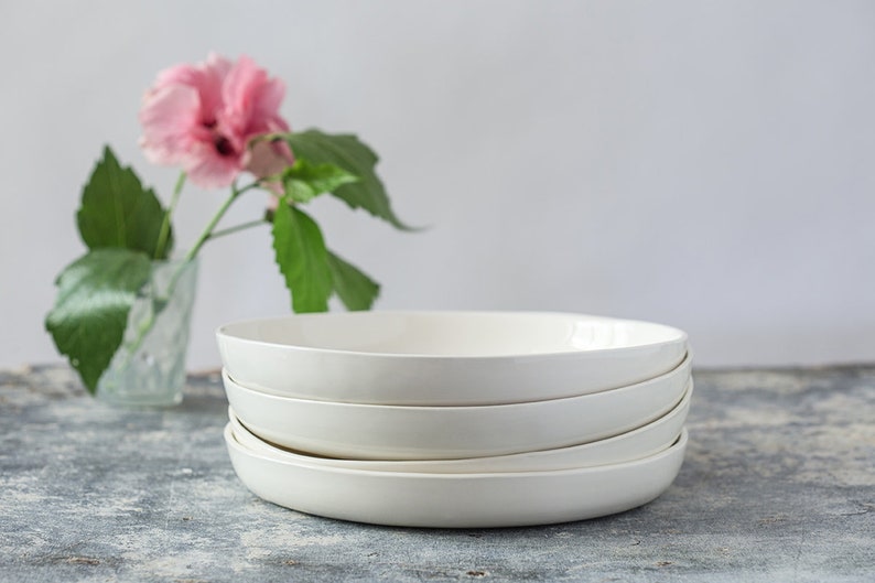 Set of 4 White Handmade Deep Large Dinner Plates, Modern Ceramic Serving Plate, Pottery Dinnerware Handmade Plates, Dinnerware Set image 4