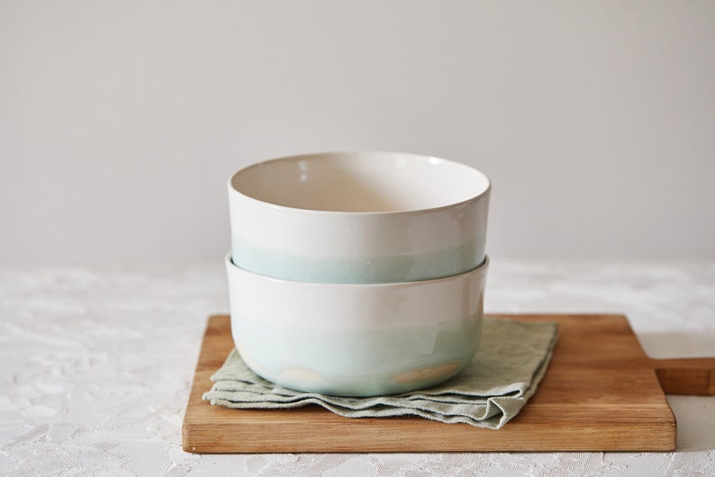 Handmade Ceramic Bowl, White and Light Turquoise Noodles Bowl, Pottery Soup Bowl, Salad Serving Bowl, Nesting Bowl, Holiday Gift Idea image 2