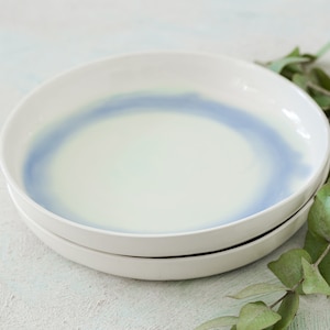 Handmade Ceramic Dinner Plates Set, TWO Minimalist Pottery Large Deep Plates, White Blue Pasta Plate, Unique dinnerware, Wedding Gift