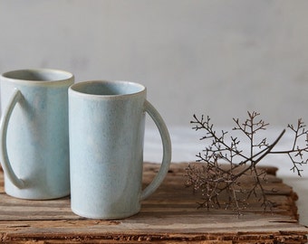 Set of TWO Stone-Gray Tall Ceramic Mugs, Unique Pottery Tea/Coffee Cups Set