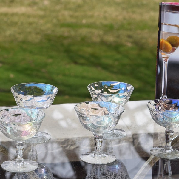 6 Vintage Iridescent Cocktail ~ Martini Glasses, West Virginia Glass, 1960's Wedding Toasting Champagne Glasses, Champagne Coupe