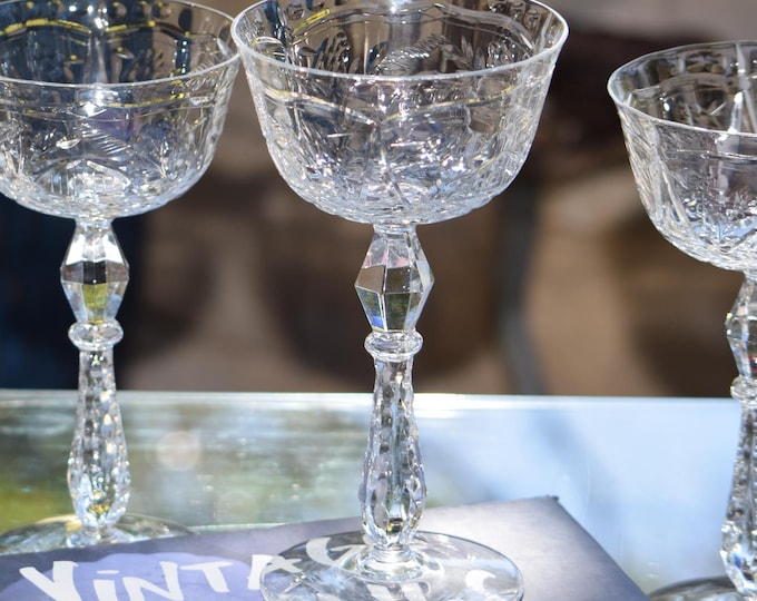 Vintage Etched Cocktail Glasses, 1950's,  Rock Sharpe, Martini Glasses