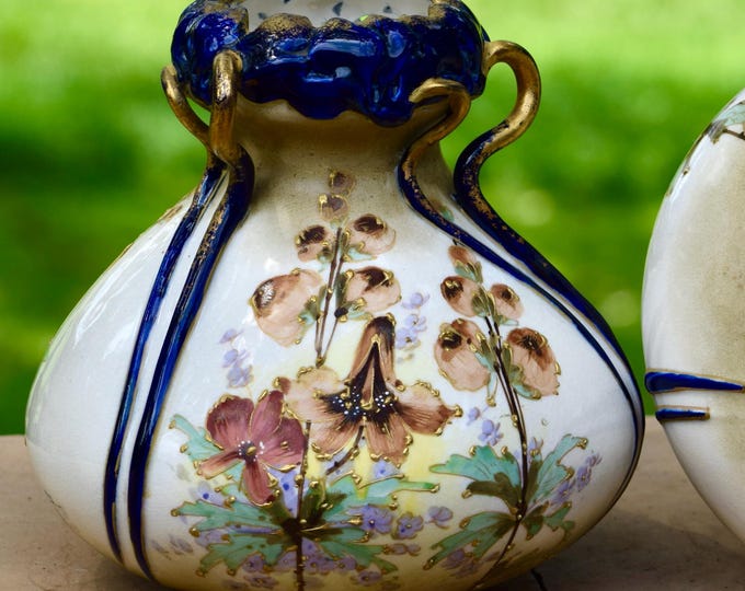 Antique Amphora Vase: RS&K Gilt Porcelain Floral Decor, Czech Bohemia Dachsel