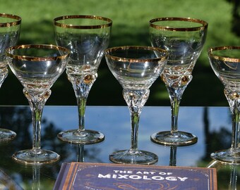 7 Vintage GOLD RIMMED Wine Glasses ~ Two Sizes, Vintage Gold Rimmed Cocktail Glasses, Cocktail Party Glasses