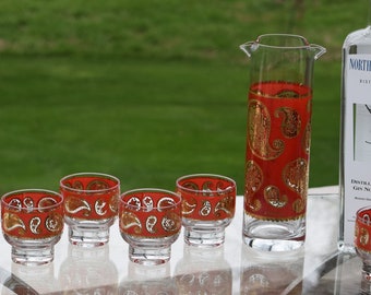 Vintage Culver 22kt Gold & Red Paisley Cocktail Pitcher and Lowball Glasses,  Signed Culver 1940's, Vintage Whiskey Bourbon Rocks glasses
