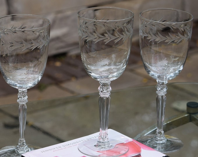 6 Vintage Etched CRYSTAL Wine Glasses ~ Water Goblets, Fostoria, Holly, circa 1942-1980, Vintage Crystal cocktail Glasses, Vintage Wedding