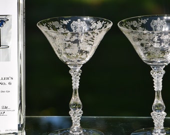 4 Vintage Etched Cocktail ~ Martini Glasses, Cambridge, Rose Point, circa 1934, Mixologist Craft Cocktails ~ Champagne Glass