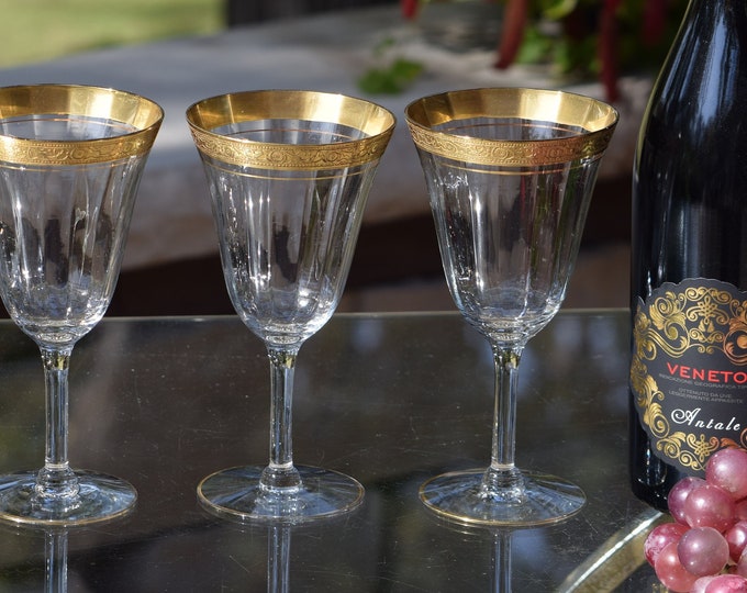 4 Vintage Gold Rimmed Encrusted Wine Glasses, Tiffin Franciscan, c. 1940's, Vintage Gold Encrusted Water Goblets, Vintage Gold Wedding Glass