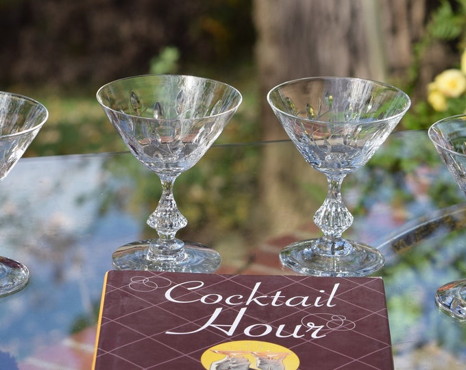 COCKTAILS ANYONE?  4 Vintage Etched Cocktail Martini Glasses, 1950's, Vintage Etched Champagne Glasses, Craft Cocktail Glasses Glasses