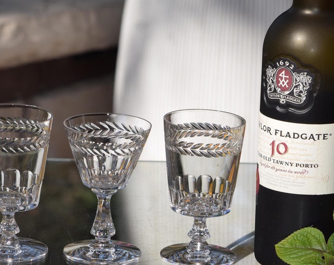 Sipping Port?  4 Vintage CRYSTAL Etched Wine Glasses, Seneca, c. 1950's,  4 Mis-Matched 3 oz Wine ~ Port Wine ~ After Dinner Drinks