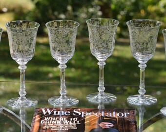 4 Vintage Etched CRYSTAL Wine Glasses ~ Water Goblets, Heisey, Orchid, circa 1940, Vintage Tall Wine Glasses, Wedding Toasting Glasses