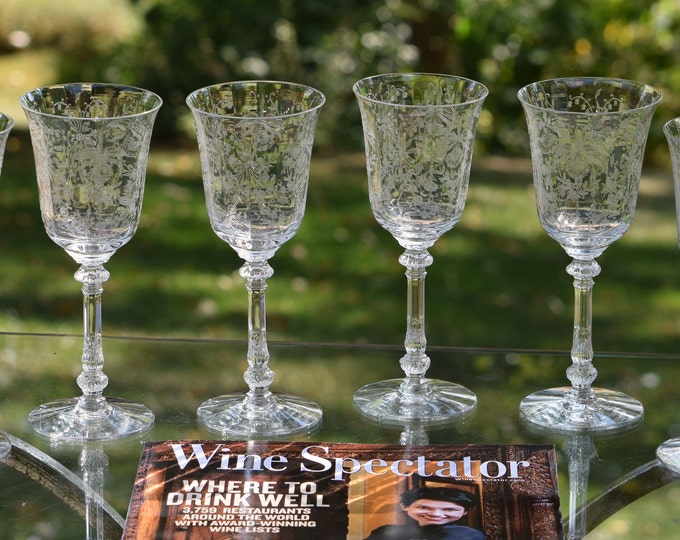 4 Vintage Etched CRYSTAL Wine Glasses ~ Water Goblets, Heisey, Orchid, circa 1940, Vintage Tall Wine Glasses, Wedding Toasting Glasses