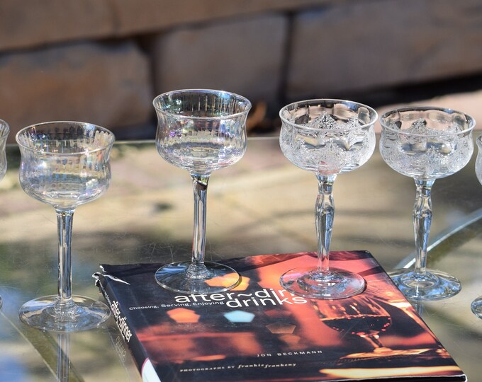 6 Vintage Etched Crystal Wine ~ Liquor Glasses, Set of 6 Mis-Matched 3 oz Liquor Cocktail Glasses ~ Wine Liquor Cordial 3-4 oz Glasses