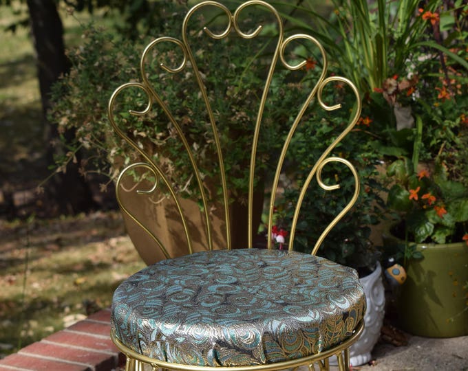 Vintage Hollywood Regency Gold Metal Vanity Chair With Peacock Designed