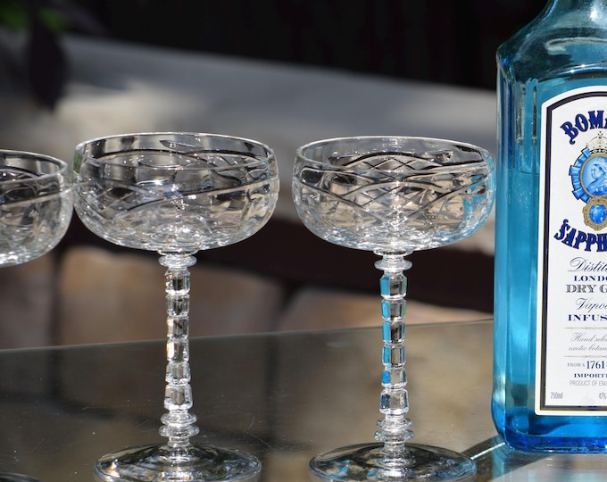 Vintage Etched Crystal Cocktail Glasses, Rock Sharpe-Libbey Nick & Nora Coupes