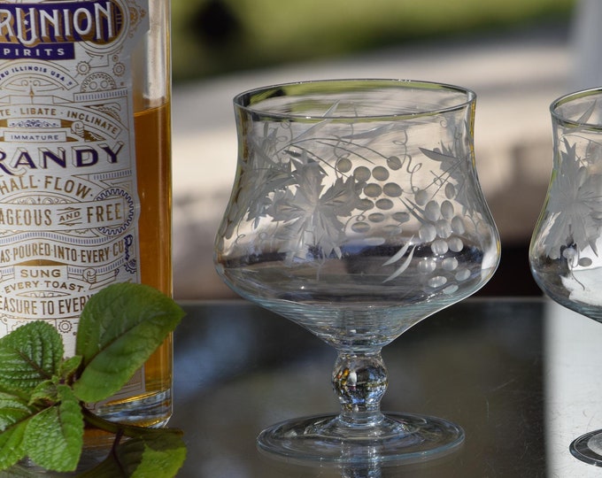 Vintage Etched Brandy Snifter Glasses, Grapes Leaves Cocktail Set