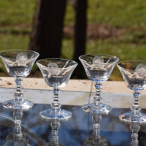 Vintage Fostoria Etched Liqueur Glasses: 1950s Rose Design, Set of 4