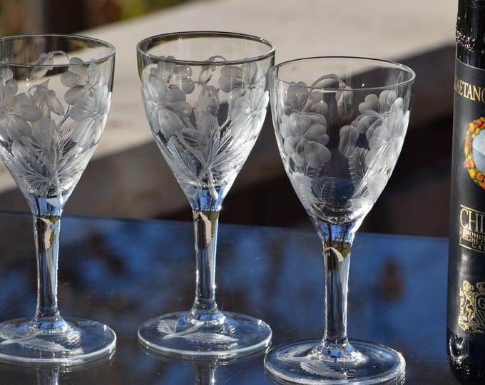 Vintage Etched Port Wine Glasses, Set of 5, 1950s Floral Etched Cordials