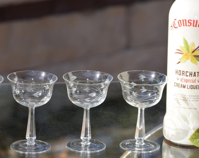 Cocktail Tasting? 4 Vintage Etched Liqueur ~ Wine Cordials - Glasses, 1950's, 3 oz After Dinner Drink Glasses ~ Mimi martinis