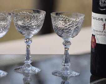 Vintage Etched Crystal Liqueur Glasses, Cambridge 1950s Set, Floral Cocktail Glasses