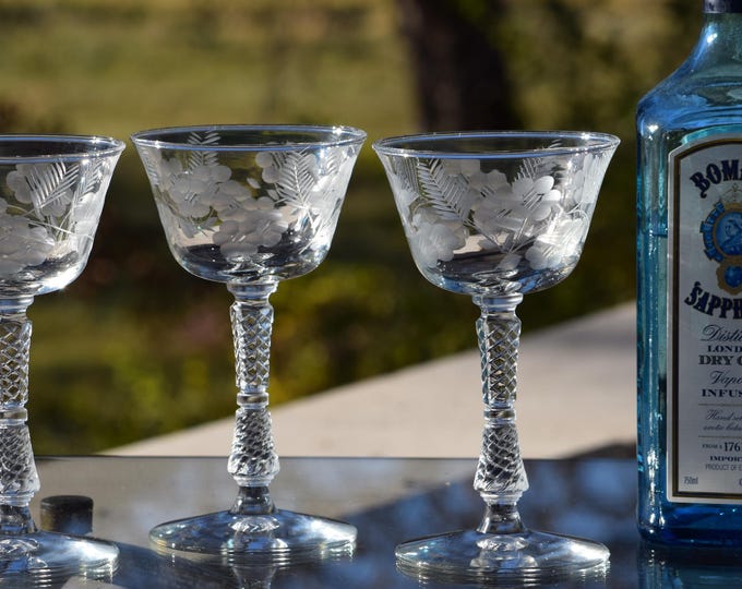 Vintage Etched Martini Glasses, Rock Sharpe, 1940s, Set of 6