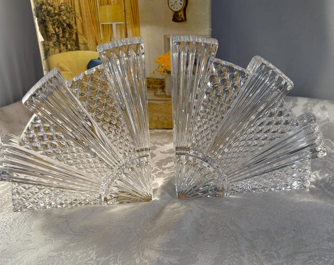 Vintage Art Deco Crystal Bookends, 1990's, Heavy Crystal Modern Look Bookends