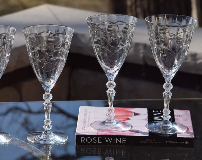 Vintage Fostoria Mulberry Etched Crystal Wine Glasses (Set of 5)