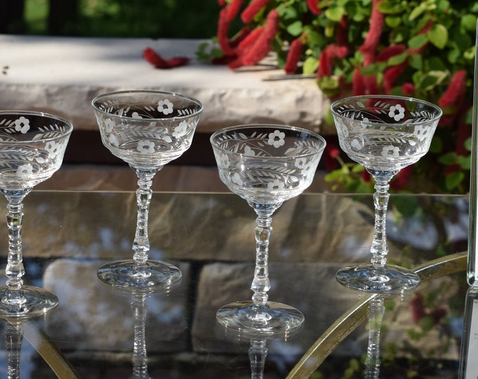 Vintage Etched Cocktail Glasses – Rock Sharpe Champagne Flutes (Set of 4)