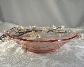 Vintage Etched Pink Glass Bowl, 1950s Centerpiece