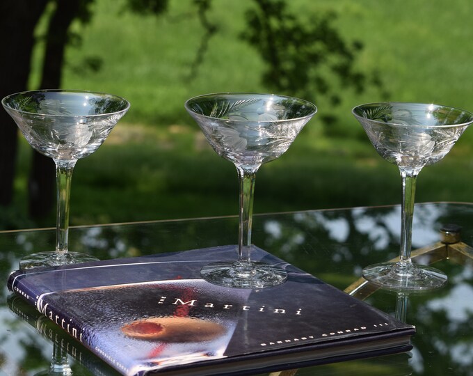 Vintage Etched Cocktail Martini Glasses, Tiffin Franciscan, 1950's