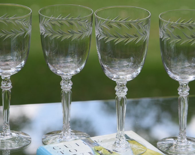 Vintage Fostoria Holly Etched Crystal Wine Glasses, Set of 6, Antique Wine Glasses