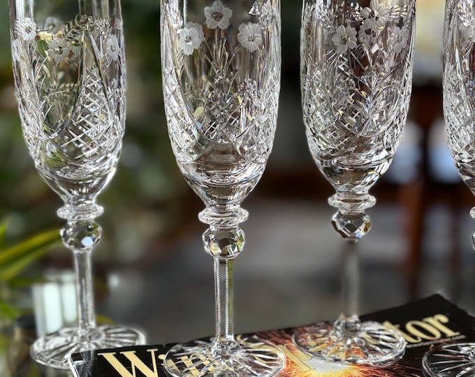 Vintage Rogaska Jasmine Etched Champagne Flutes: Floral Toasting Glasses