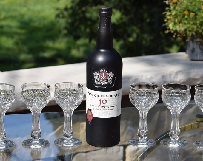 6 Vintage Etched Hollow Stem Port Wine Glasses, Bryce, 1940's, After