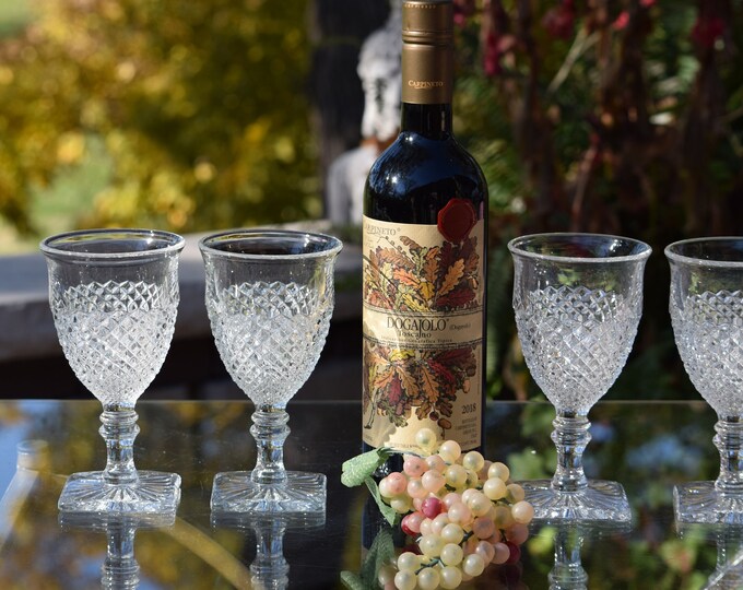IT'S THE LOOK!  Wow!  4 Vintage Wine Glasses ~ Pressed Glass Square Foot ~ Dinner Party Water Goblets ~  Wine Tasting Party ~ Vintage Style