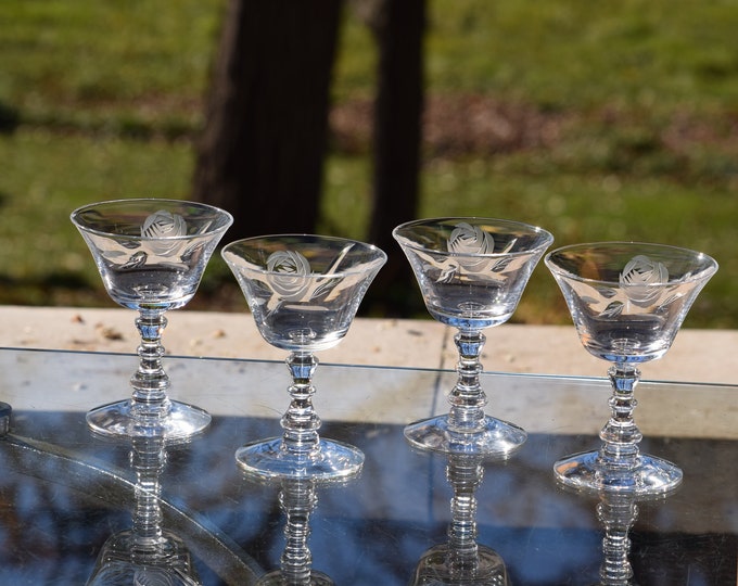 4 Vintage Etched Liqueur ~  Port Wine ~Cocktail glasses, Fostoria, circa 1950's, 3 oz After Dinner Drinks ~ Cocktails ~ Liqueur Glasses