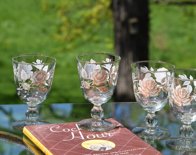 HELLO SPRINGTIME! 4 Vintage Gold & White Wine Glasses, Libbey  6 oz Cocktail glasses, Gold White Roses Wine glasses, Mimosa Cocktail glasses
