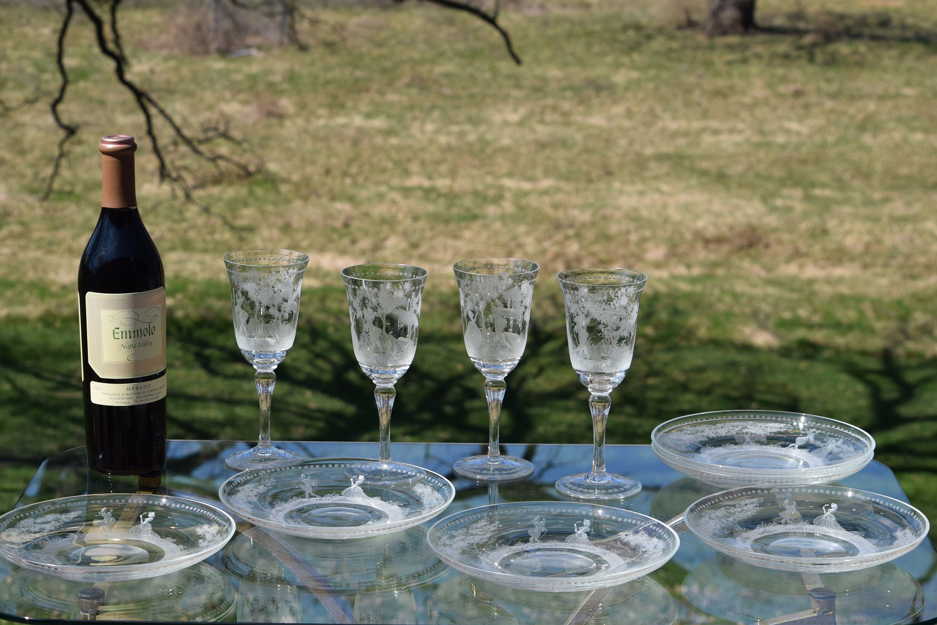 Vintage Etched Crystal Wine Glasses Set of 4, 1920's ...