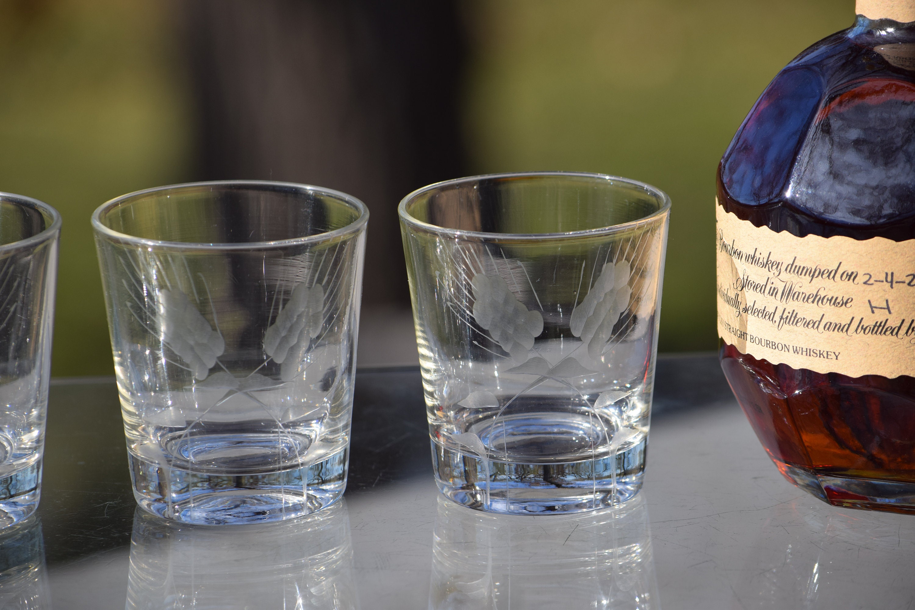 3 Vintage Etched Lowball Glasses, 1970's, Vintage Etched 6 oz Lowball