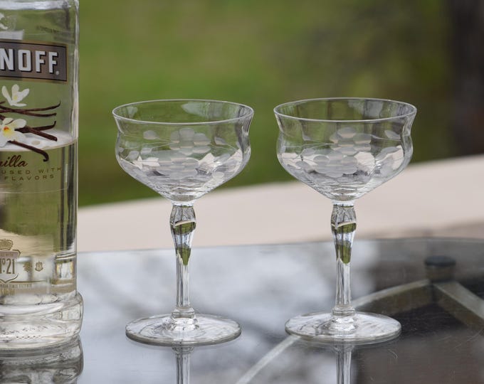Vintage Etched Cocktail Glasses – Nick & Nora Champagne Coupes, 1950s
